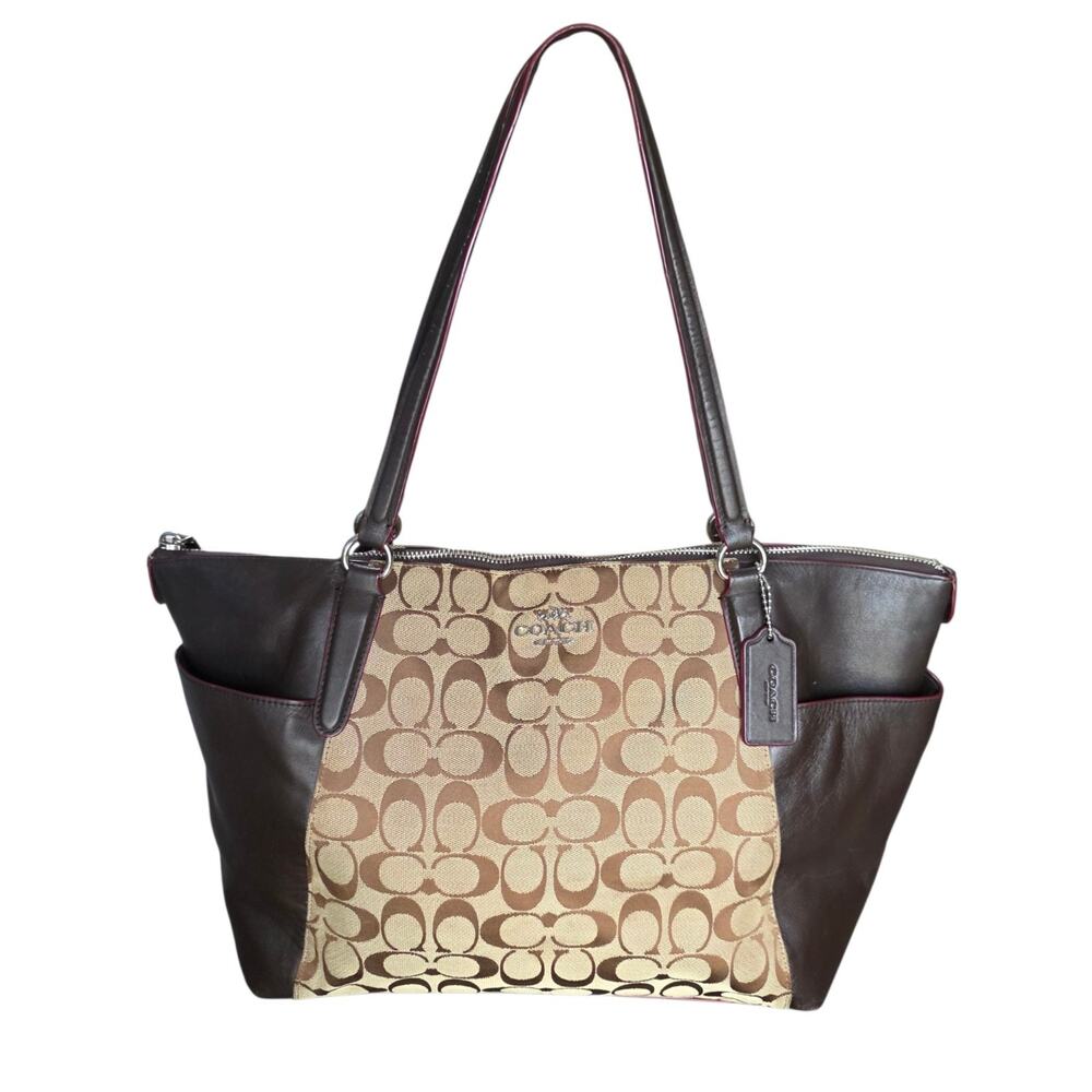 Coach Signature C Jacquard Leather Tote Bag Brown Burgundy Trim Y2K Purse